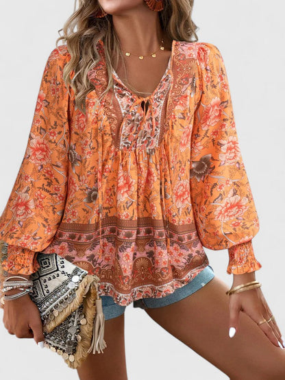 Wren | Puff Sleeve Boho Floral Print Tie Neck Smocked Blouse