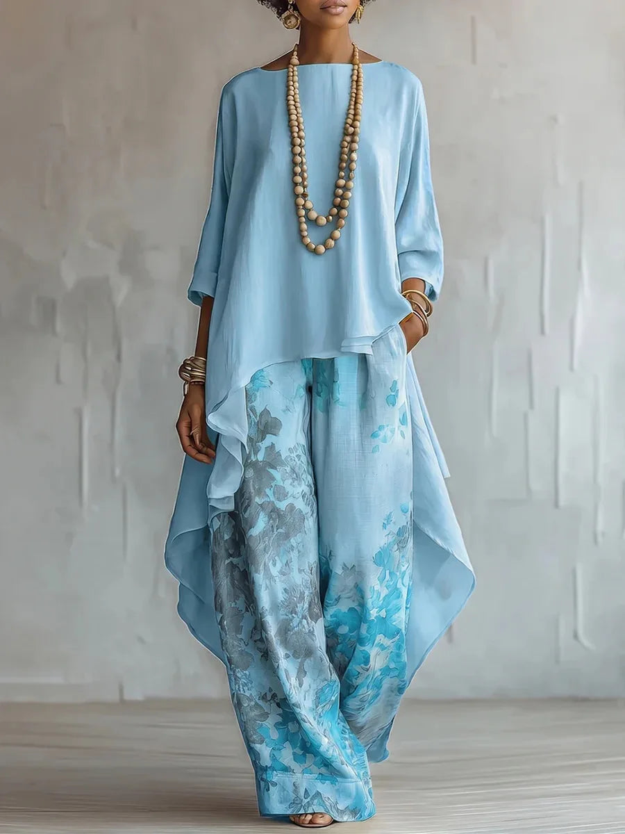 Harper | Women's Floral Print Asymmetrical Boho Wide Leg Pant Set