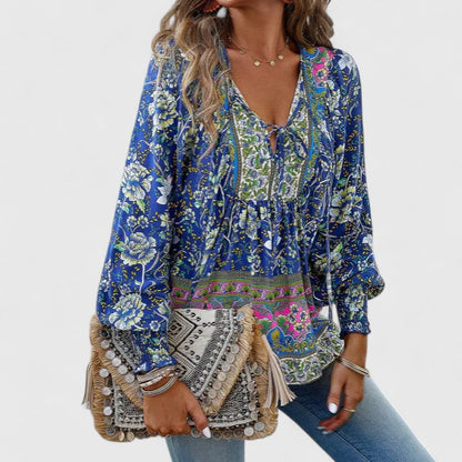Wren | Puff Sleeve Boho Floral Print Tie Neck Smocked Blouse