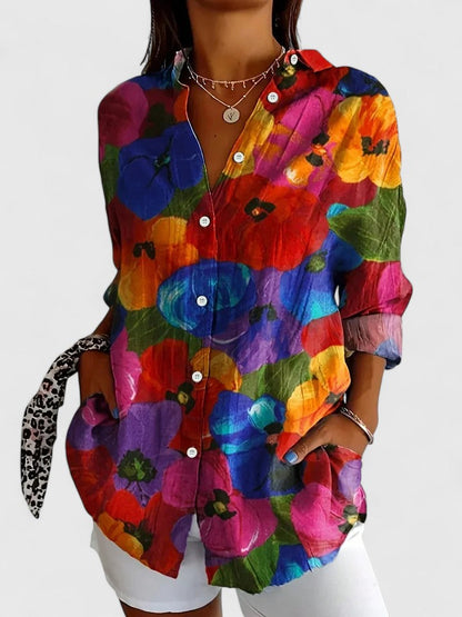 Anica | Floral Print Button Down Collared Long Sleeve Casual Blouse
