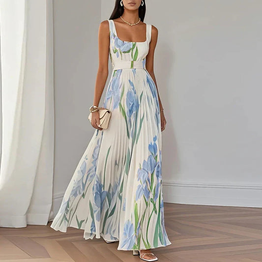 Iris | Floral Square Neck Pleated A Line Maxi Wedding Guest Dress