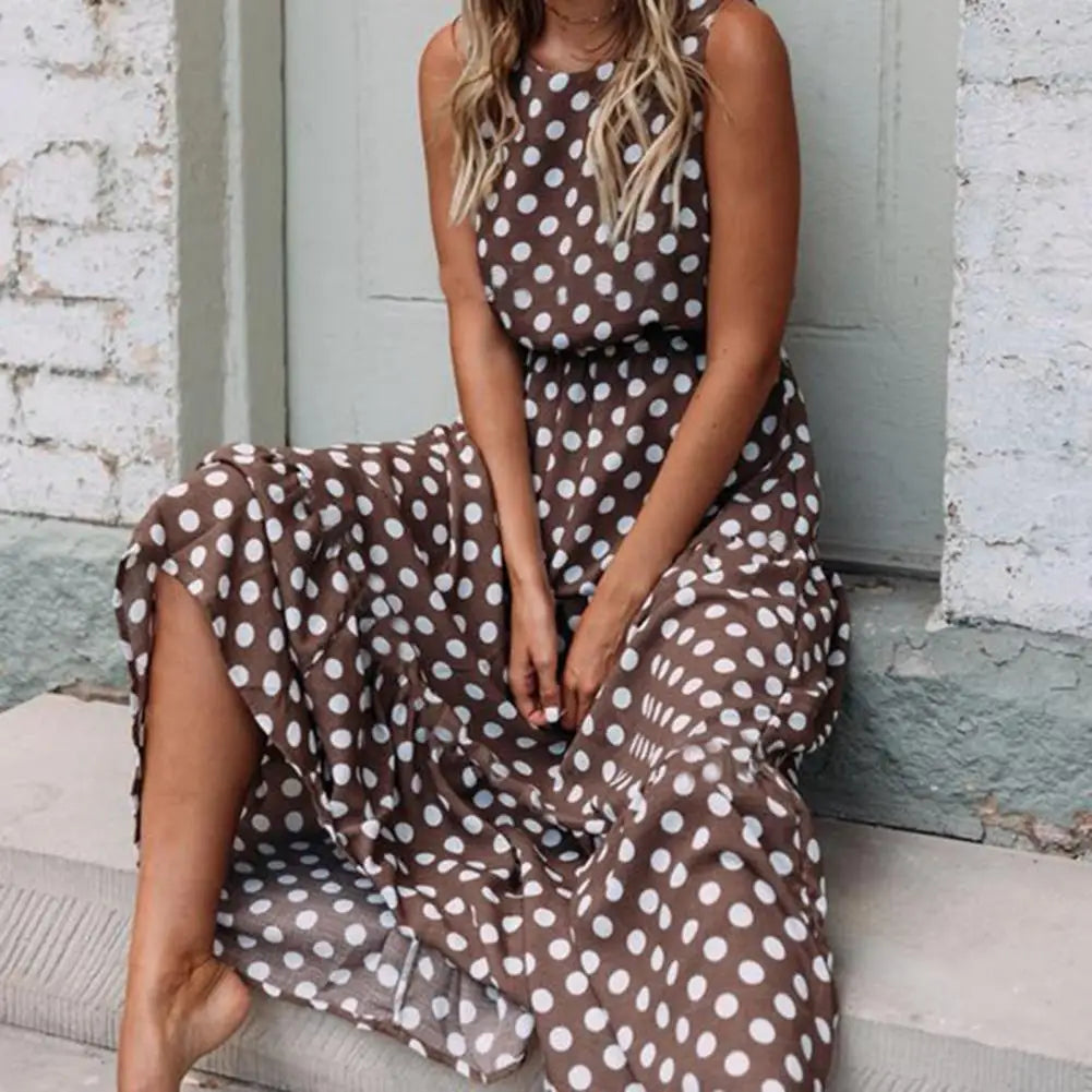 Isabelle | Polka Dot Sleeveless Elastic Waist Casual Maxi Dress