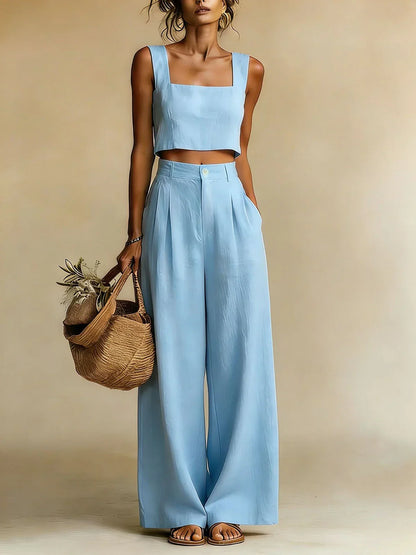 Peach | Women's Square Neck Crop Top High Waist Wide Leg Pant Set