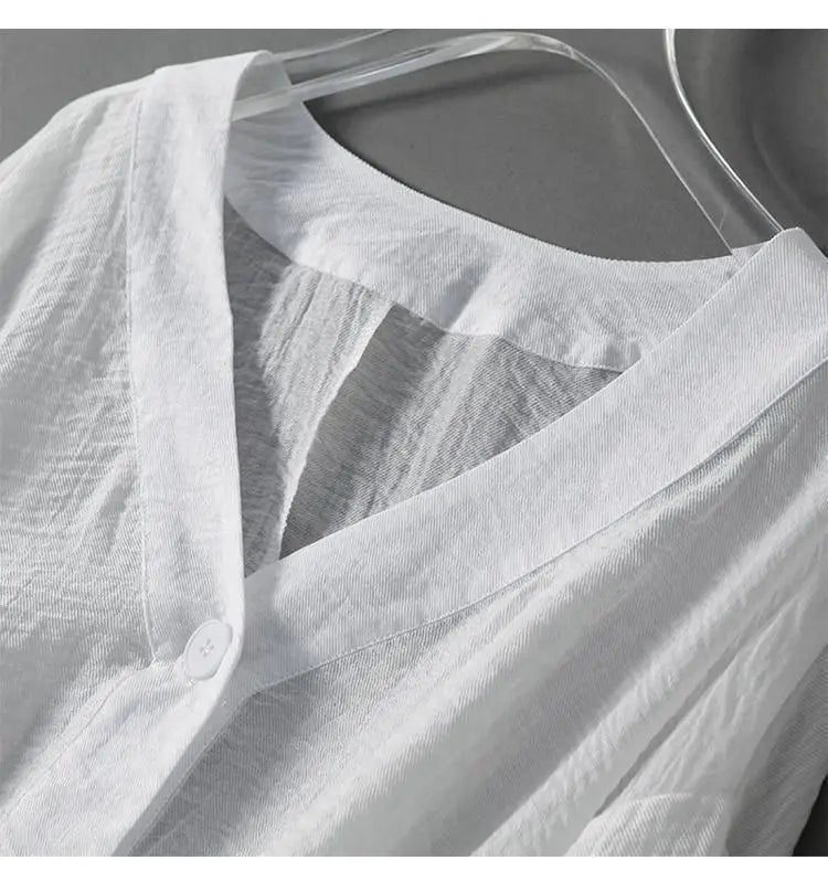 Eliana | Cropped Linen Blend V Neck Single Button Puff Sleeve Blouse