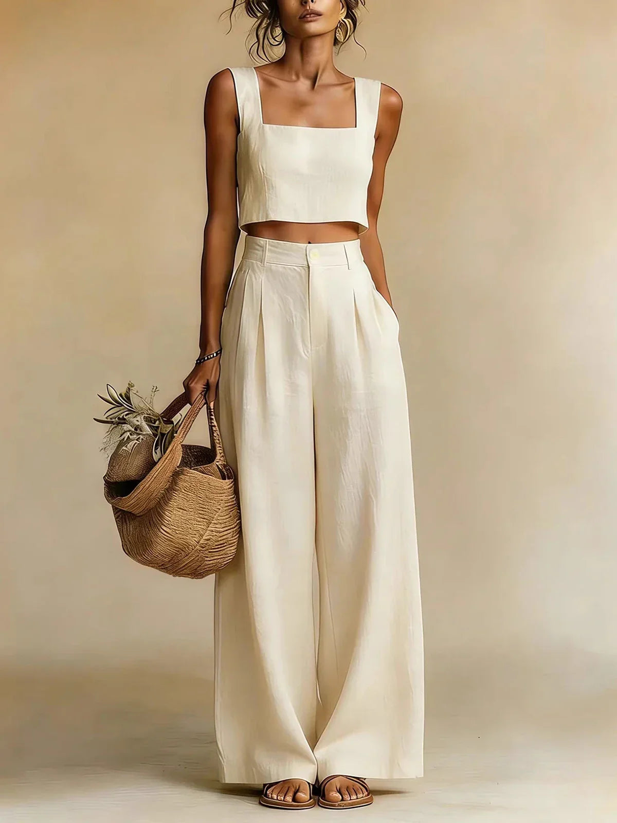 Peach | Women's Square Neck Crop Top High Waist Wide Leg Pant Set