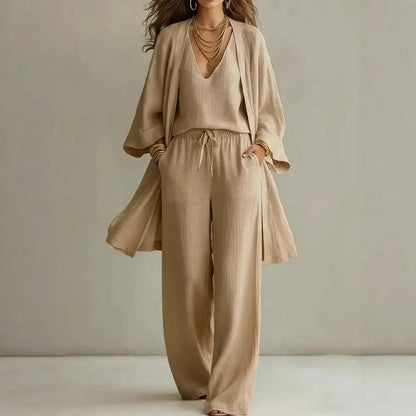 Bailey | Women's Linen Blend Cardigan Wide Leg Three Piece Set