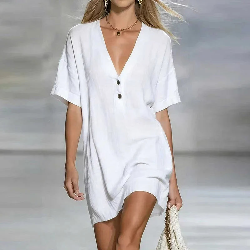 Liora | Linen Blend V Neck Short Sleeve Tunic Top