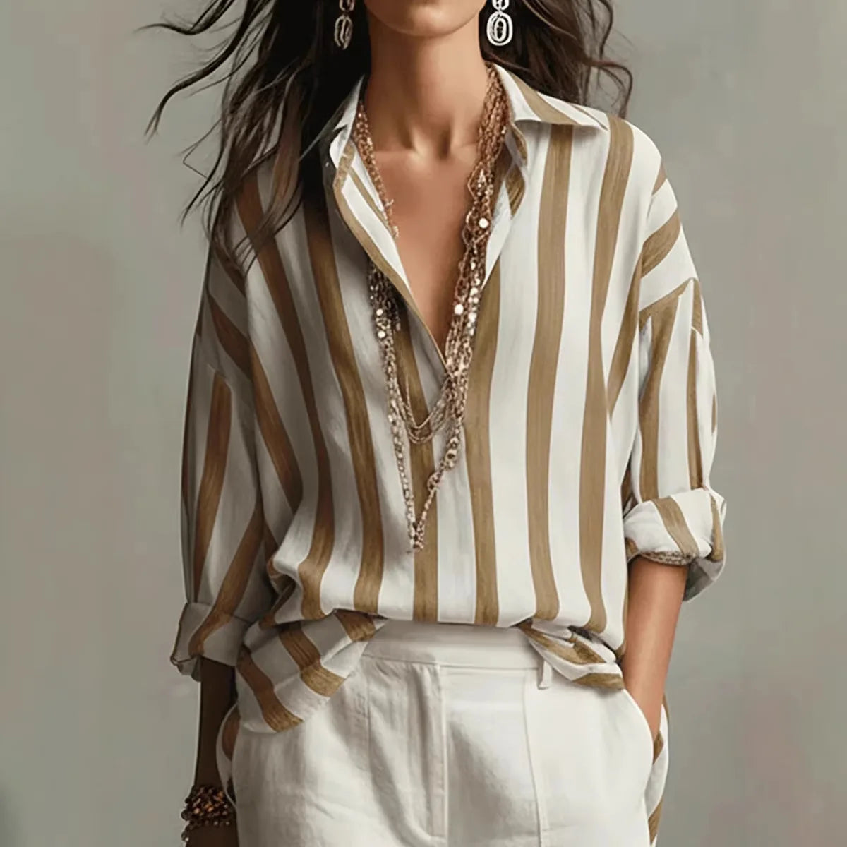 Amaris | Linen Blend Striped Lapel Collar Long Sleeve Oversized Blouse