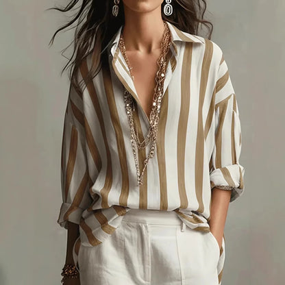 Amaris | Linen Blend Striped Lapel Collar Long Sleeve Oversized Blouse