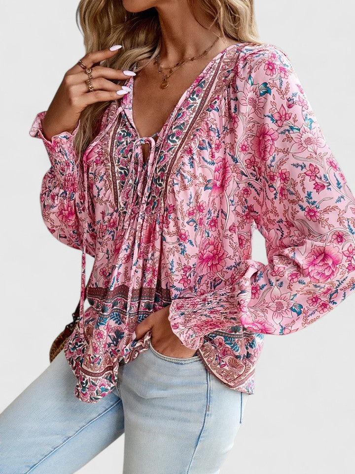 Wren | Puff Sleeve Boho Floral Print Tie Neck Smocked Blouse