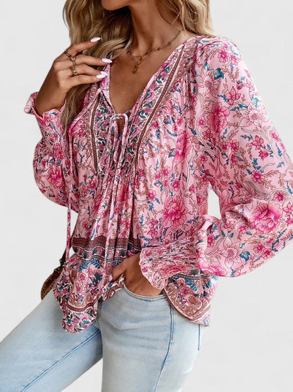 Wren | Puff Sleeve Boho Floral Print Tie Neck Smocked Blouse