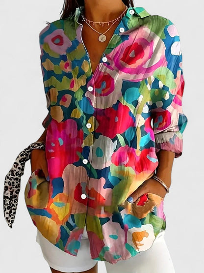 Anica | Floral Print Button Down Collared Long Sleeve Casual Blouse