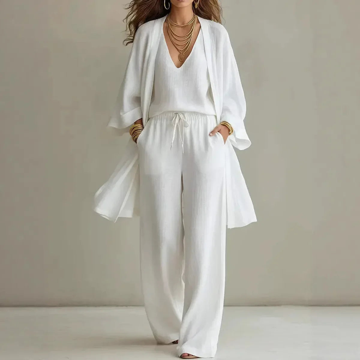 Bailey | Women's Linen Blend Cardigan Wide Leg Three Piece Set
