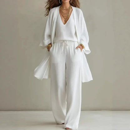 Bailey | Women's Linen Blend Cardigan Wide Leg Three Piece Set