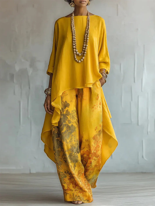 Harper | Women's Floral Print Asymmetrical Boho Wide Leg Pant Set