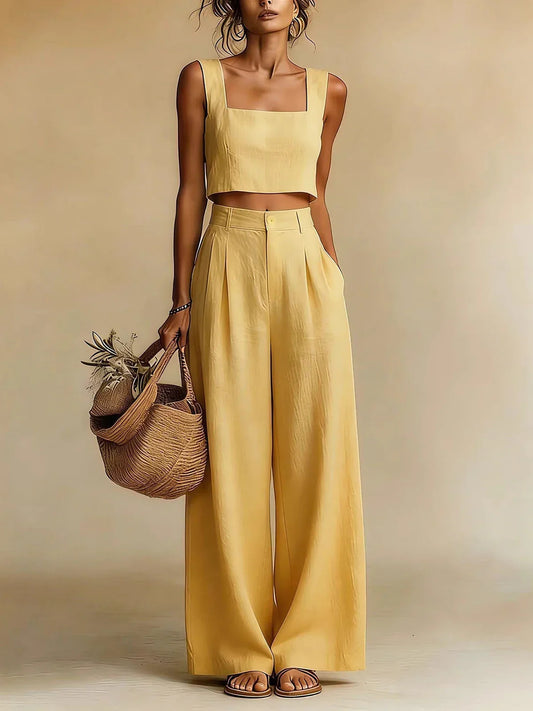 Peach | Women's Square Neck Crop Top High Waist Wide Leg Pant Set