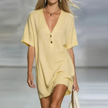 Liora | Linen Blend V Neck Short Sleeve Tunic Top