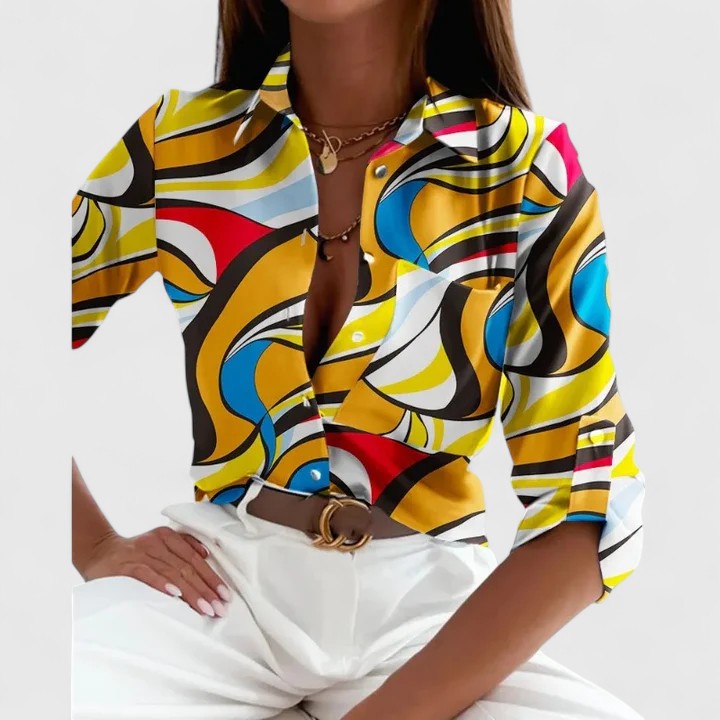 Lisette | Geometric Print Lapel Collar Long Sleeve Casual Blouse