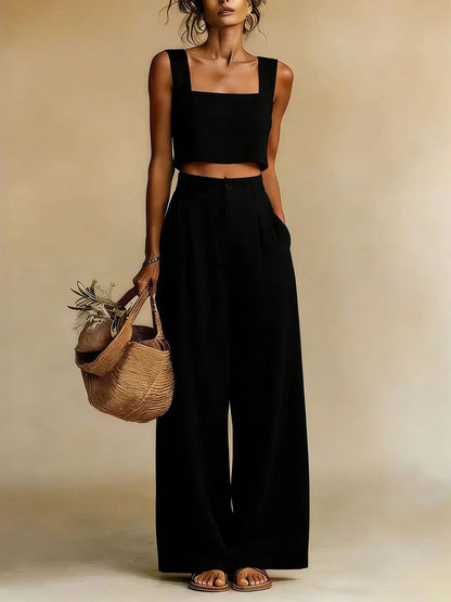 Peach | Women's Square Neck Crop Top High Waist Wide Leg Pant Set