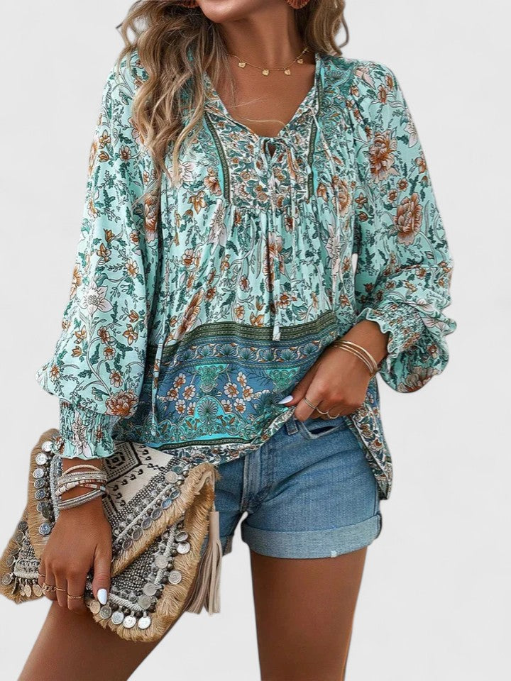 Wren | Puff Sleeve Boho Floral Print Tie Neck Smocked Blouse