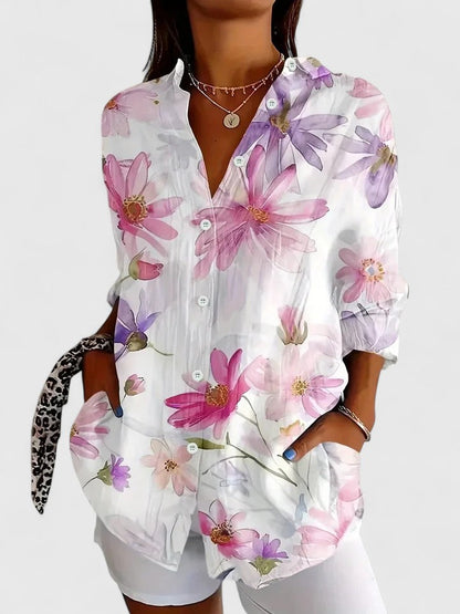 Anica | Floral Print Button Down Collared Long Sleeve Casual Blouse