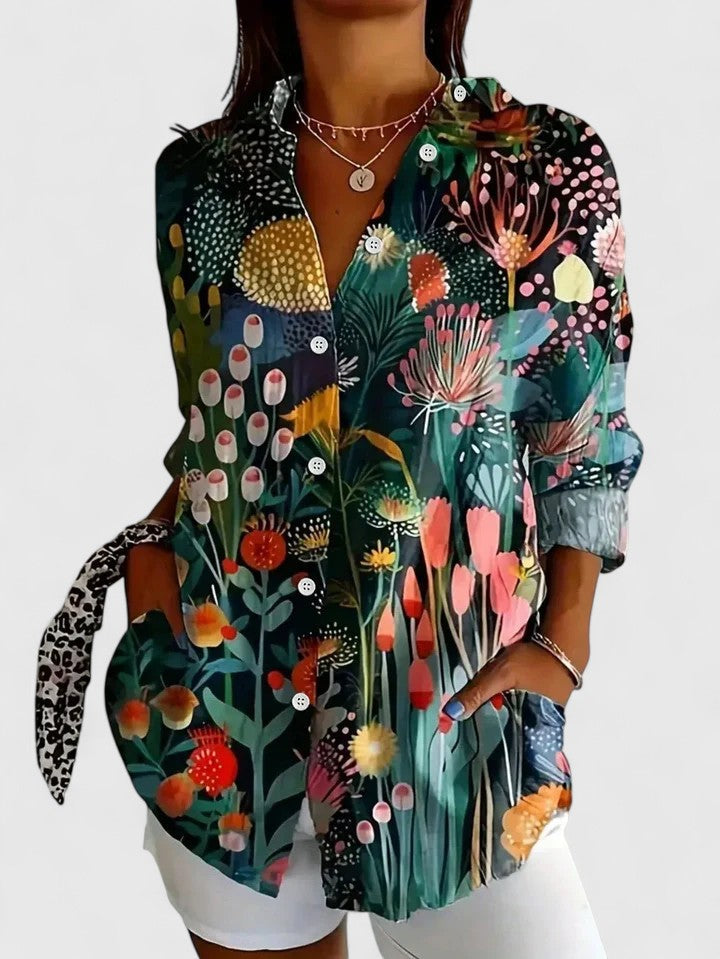 Anica | Floral Print Button Down Collared Long Sleeve Casual Blouse