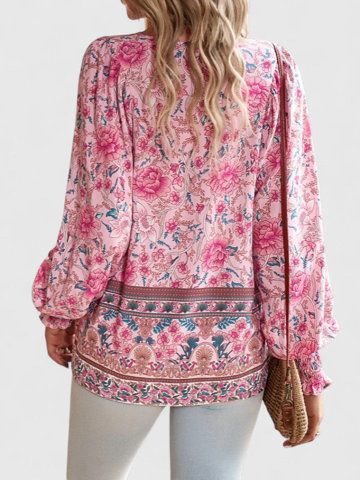 Wren | Puff Sleeve Boho Floral Print Tie Neck Smocked Blouse
