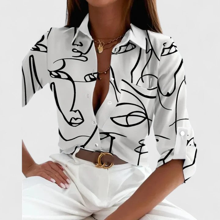 Lisette | Geometric Print Lapel Collar Long Sleeve Casual Blouse