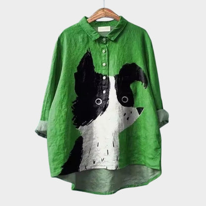 Milla | Dog Print Button Down Collared Long Sleeve Casual Blouse