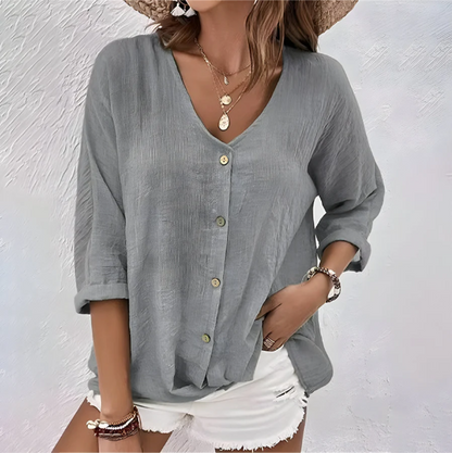 Marcia | V Neck Button Down 3/4 Sleeve Casual Blouse