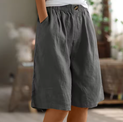 Lorraine | Elastic Waist Wide Leg Linen Blend Casual Shorts