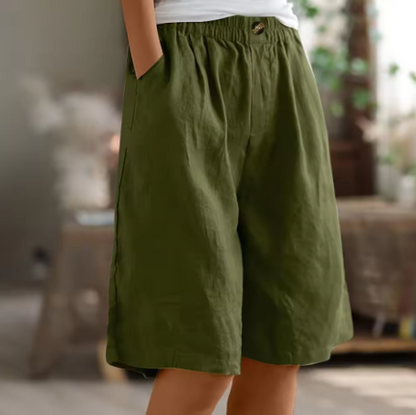 Lorraine | Elastic Waist Wide Leg Linen Blend Casual Shorts