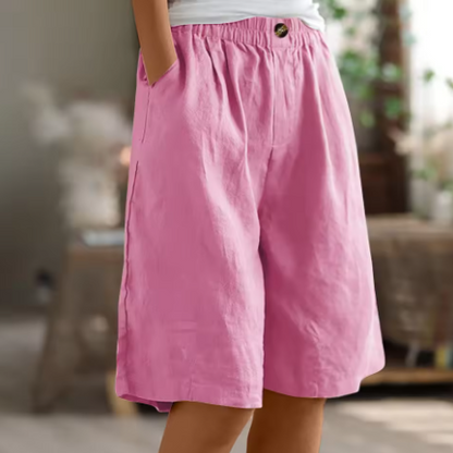 Lorraine | Elastic Waist Wide Leg Linen Blend Casual Shorts