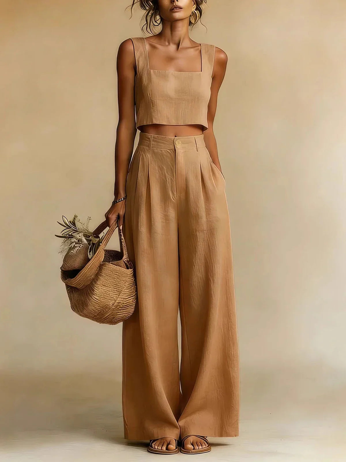 Peach | Women's Square Neck Crop Top High Waist Wide Leg Pant Set