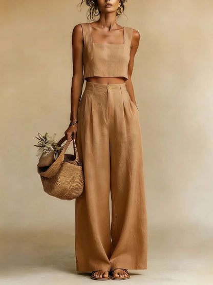 Peach | Women's Square Neck Crop Top High Waist Wide Leg Pant Set