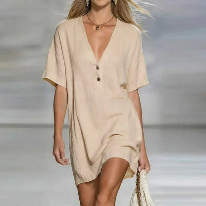 Liora | Linen Blend V Neck Short Sleeve Tunic Top