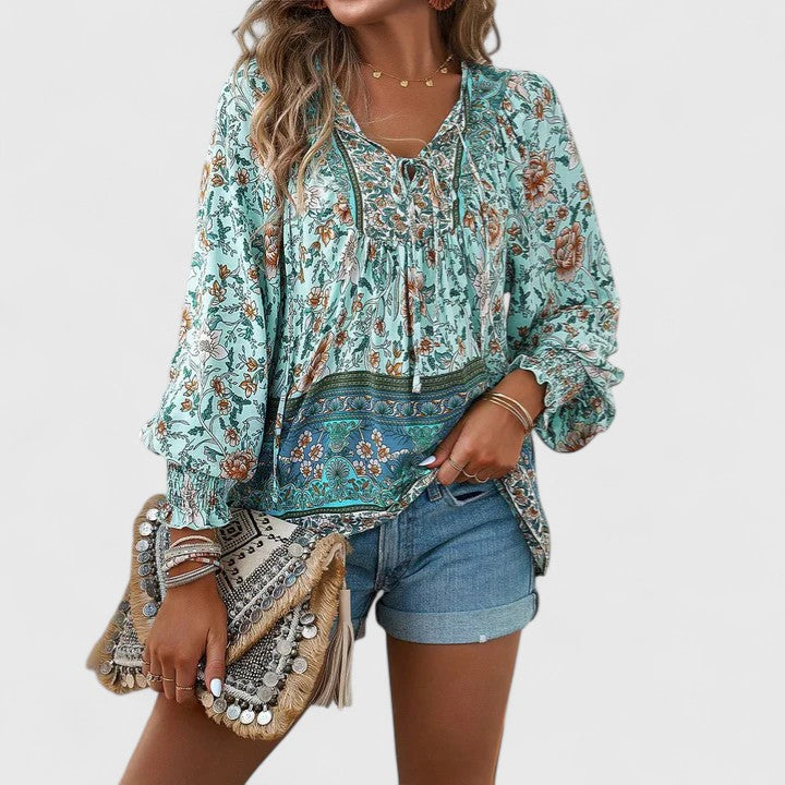 Wren | Puff Sleeve Boho Floral Print Tie Neck Smocked Blouse