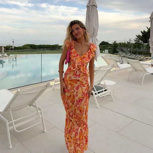Calithea | Women's Floral Ruffle V Neck Maxi Dress