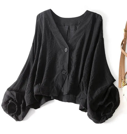 Eliana | Cropped Linen Blend V Neck Single Button Puff Sleeve Blouse