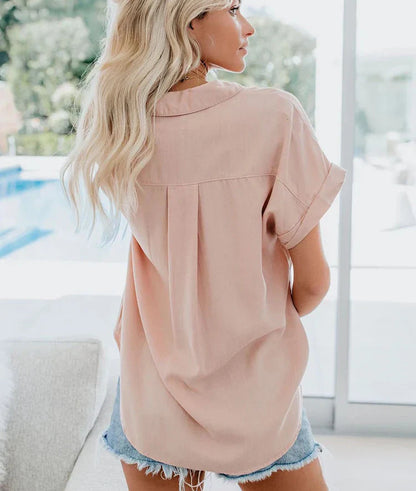 Aletta | Collared Button Down Short Sleeve Casual Oversized Blouse
