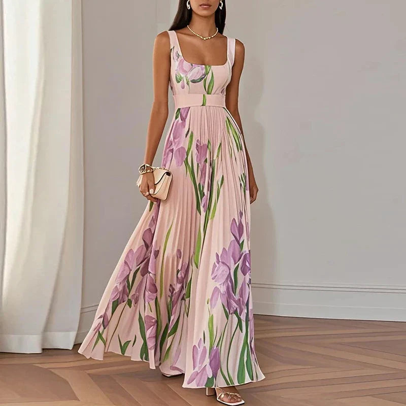 Iris | Floral Square Neck Pleated A Line Maxi Wedding Guest Dress