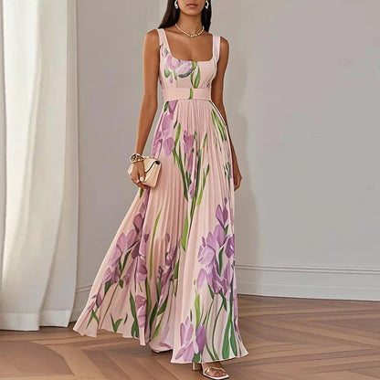 Iris | Floral Square Neck Pleated A Line Maxi Wedding Guest Dress