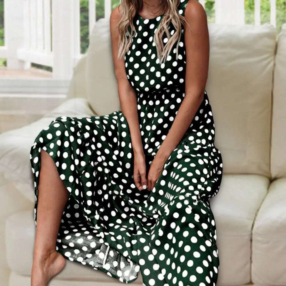 Isabelle | Polka Dot Sleeveless Elastic Waist Casual Maxi Dress
