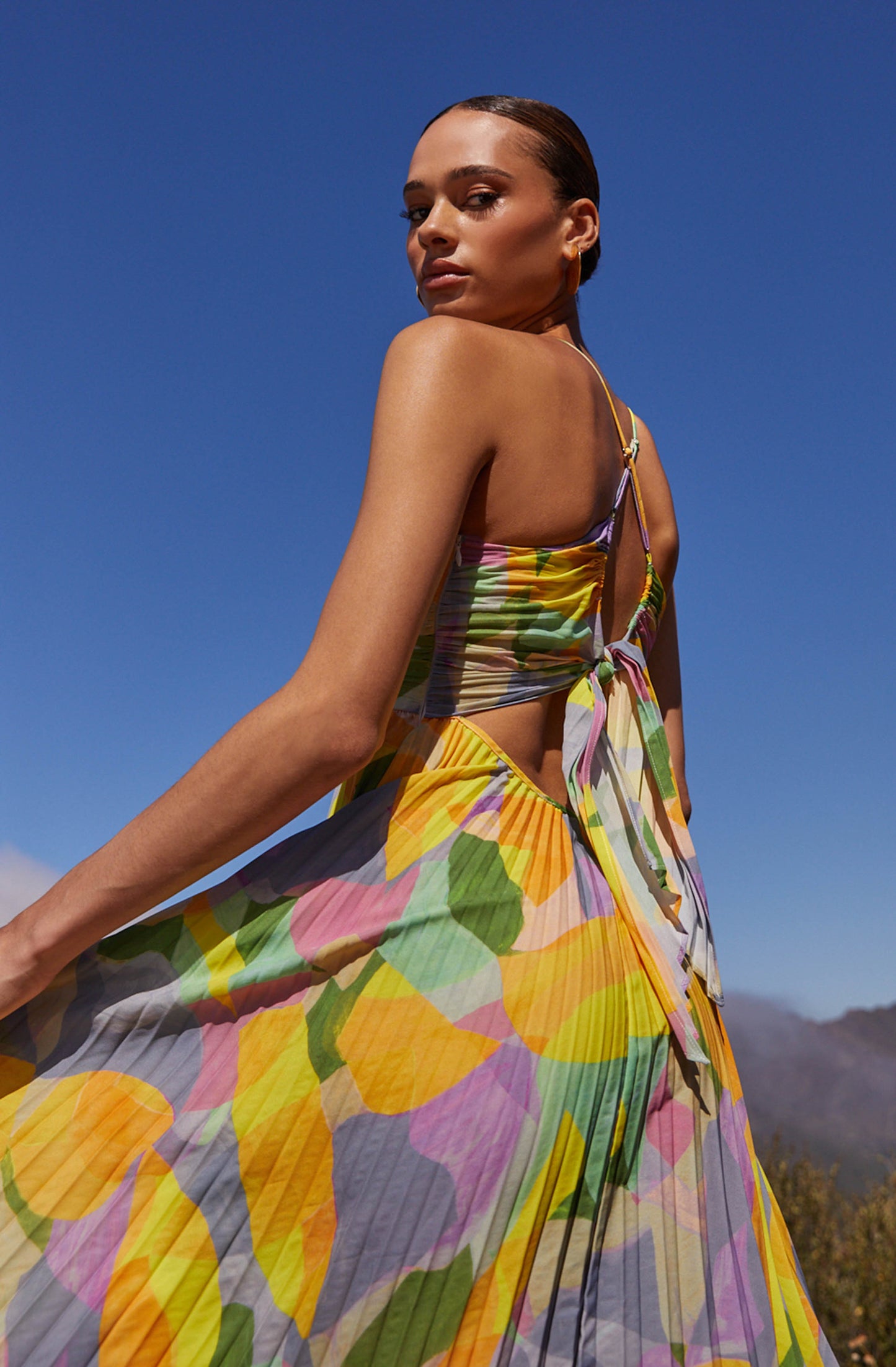 Serena | Floral Print V Neck Cross Tie Back Pleated Elegant Midi Dress