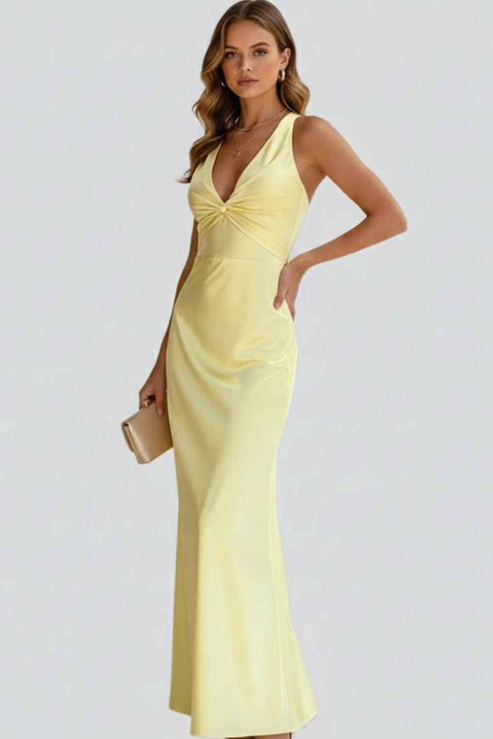 Bianca | Deep V Neck Twisted Knot Halter Satin Bodycon Elegant Maxi Dress