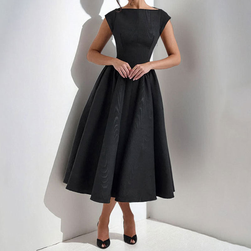 Vivienne | Boat Neck Cap Sleeve Pleated Full Skirt Elegant Midi Dress