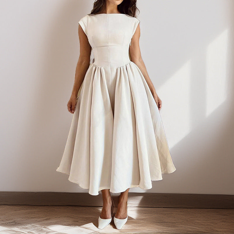 Vivienne | Boat Neck Cap Sleeve Pleated Full Skirt Elegant Midi Dress