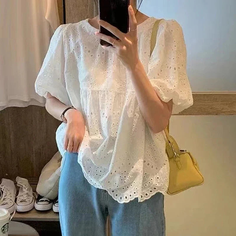 Marcia | Broderie Anglaise Puff Sleeve Casual Summer Blouse