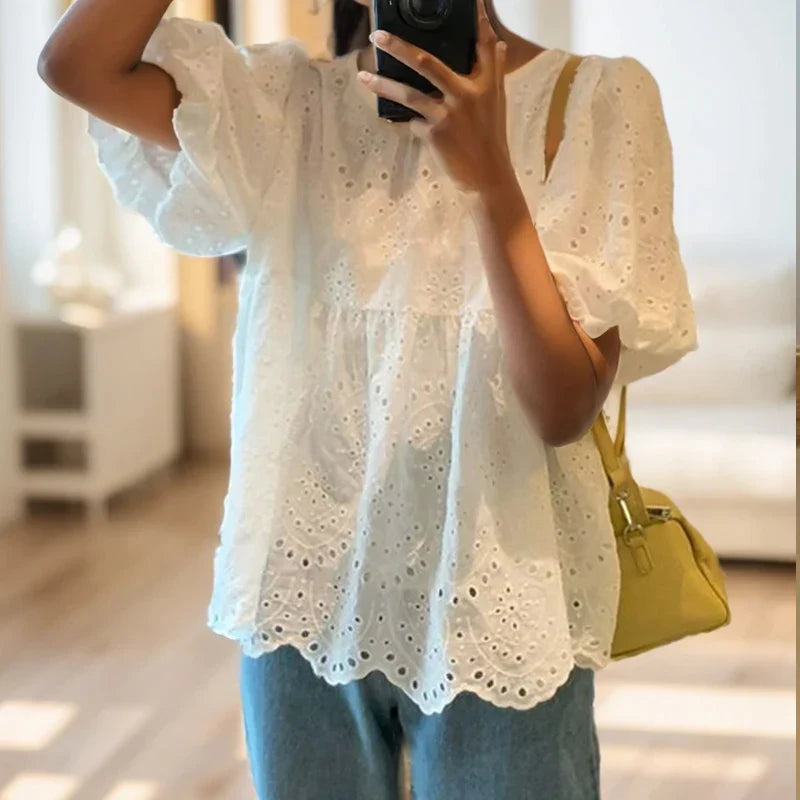 Marcia | Broderie Anglaise Puff Sleeve Casual Summer Blouse