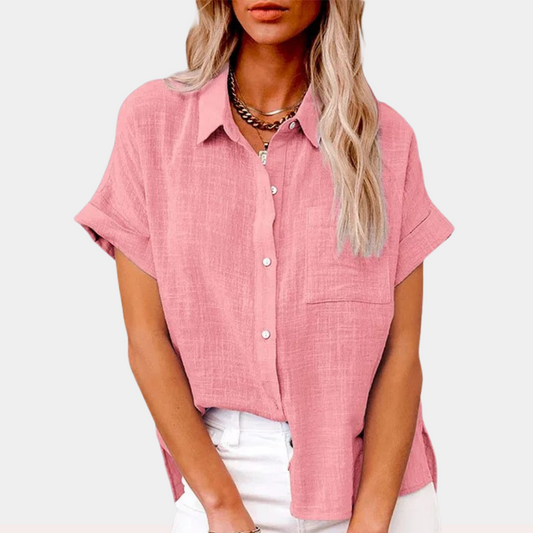 Yara | Women's Cotton Linen Blend Short Sleeve Button Down Blouse